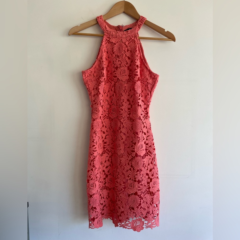 Lulu’s Love Poem Lace Mini Halter Dress salmon pink size small